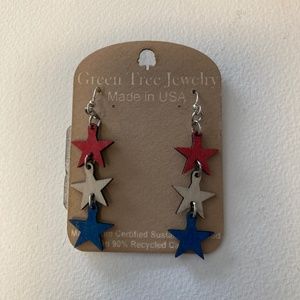 Red white and blue star dangle wood earrings